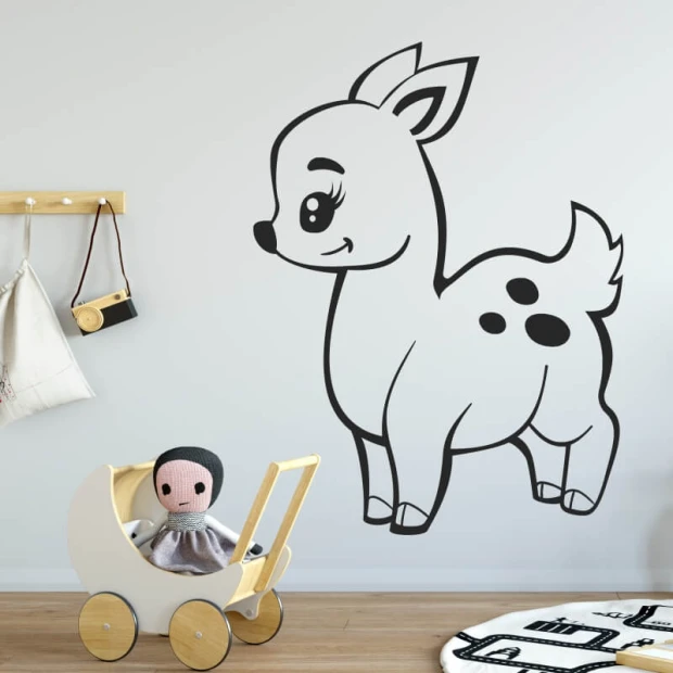 Wall sticker for kids featuring a fawn with big eyes, rounded shapes, and spots. Design 2392.