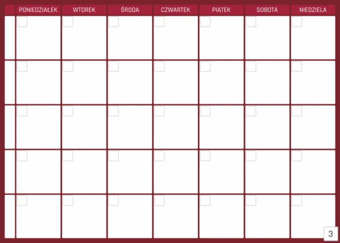 Weekly planner dry-erase board 341 - Graphic design. Simple grid with fields for days of the week and squares for notes.