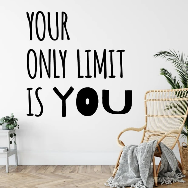 Wall template with the phrase Your only limit is you 2393 - Living room decor. Light walls, wooden floor, modern style.