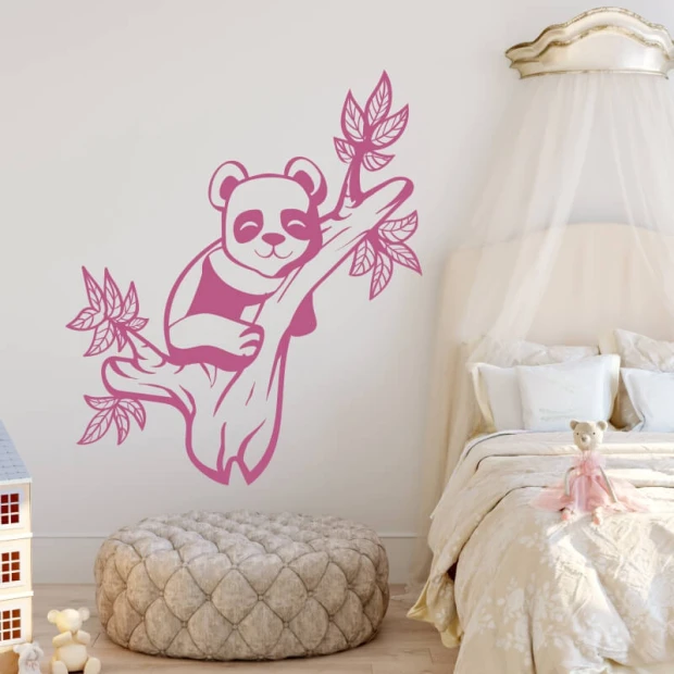 Children\'s painting template featuring a panda sitting on a leafy branch, with clear graphic design.