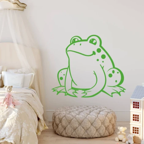 Frog wall template for kids 2390 - Bright room decor with soft furniture and toys.