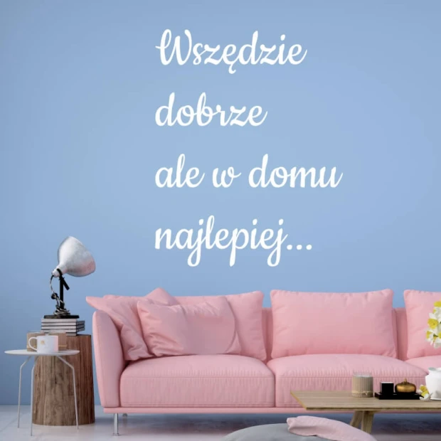 Wall template with the quote "Everywhere is good" 2397 - Living room arrangement. Light-colored walls, pink furniture.