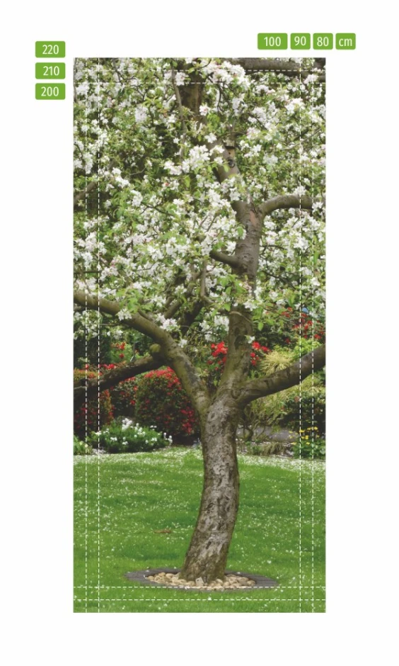 Blossoming tree door sticker FP 6318 - Graphic design with white flowers on a green grass background.