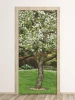 Blossoming tree door sticker FP 6318 - Graphic design with white flowers on a green grass background.