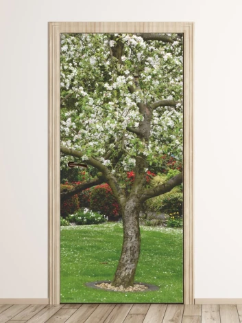 Blossoming tree door sticker FP 6318 - Graphic design with white flowers on a green grass background.