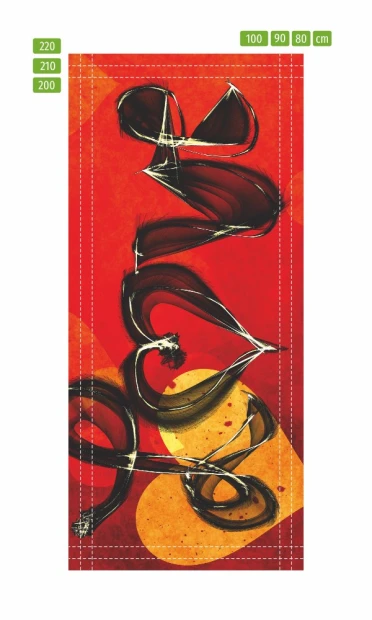 Door sticker wallpaper Love FP 6316 - Graphic design with a red background and abstract black and yellow shapes.