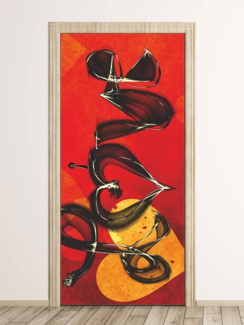 Door sticker wallpaper Love FP 6316 - Graphic design. Red background with black wavy lines and circles.