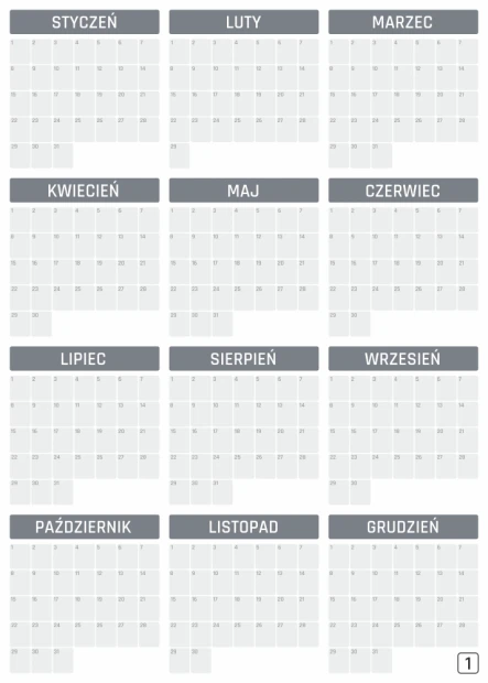 Universal yearly dry-erase calendar 352 - Graphic design. Grid with twelve months and day numbers in rectangles.