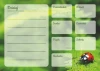 Weekly planner whiteboard with a green leaf background and a ladybug in the corner, featuring designated fields.