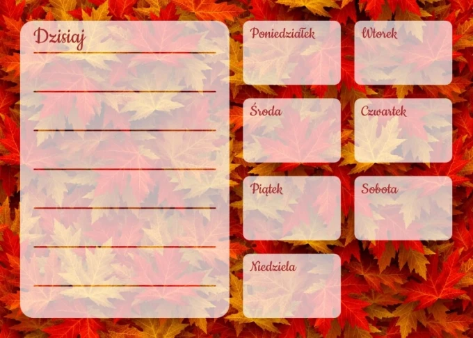 Weekly planner whiteboard with autumn leaves design. Features colorful leaf background and rectangular boxes for days.