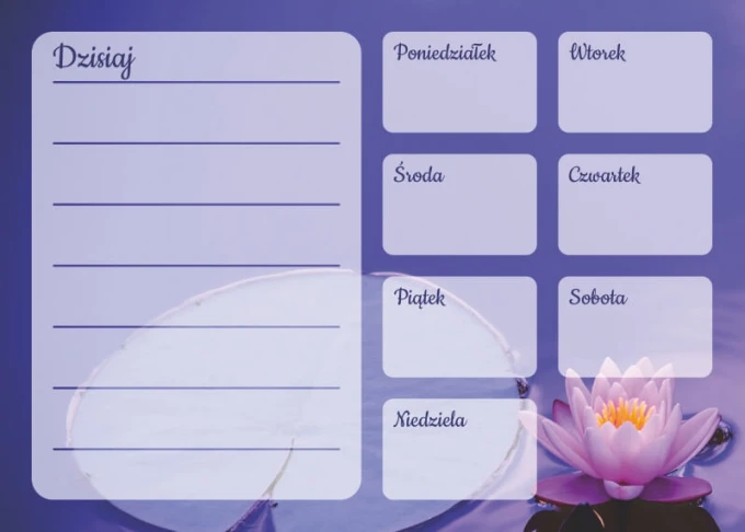 Weekly planner whiteboard in blue with lotus flower design. Features a blue background.