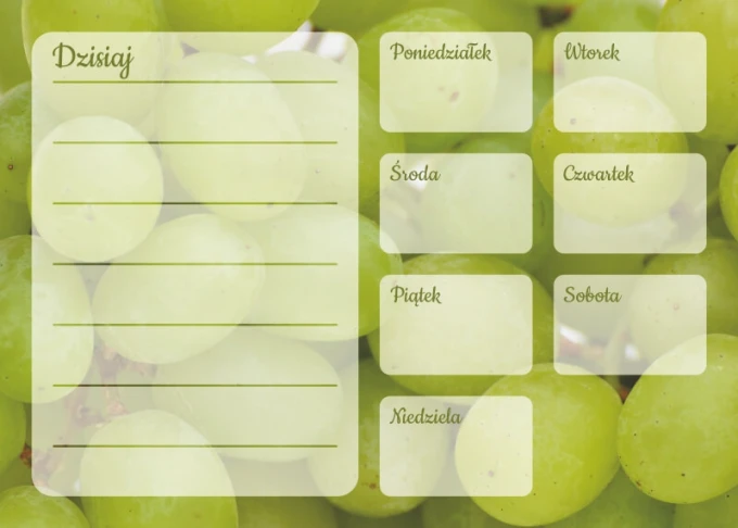 Weekly planner dry-erase board with a grape design. Green grapes background with spaces for notes.