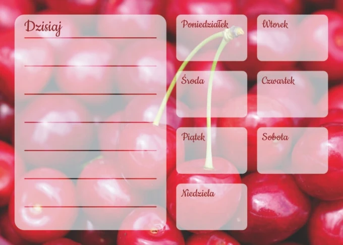 Weekly planner whiteboard with a cherry design, featuring a red cherry background and white sections.