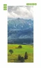 Wall mural door sticker FP 6327 - Graphic design featuring mountains in the background, green fields, and trees below.