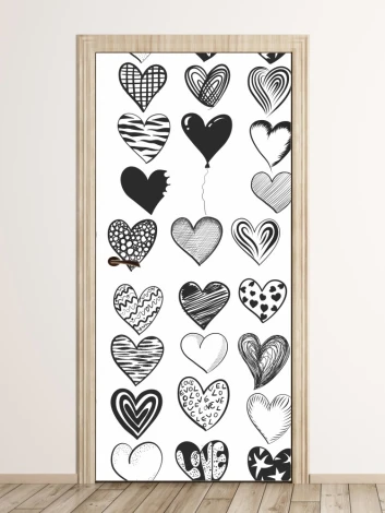 Heart door sticker FP 6324 - Graphic design with various black and white hearts in different shapes and patterns.