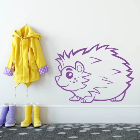 Children\'s wall sticker hedgehog 2407 - Decor in a kids\' room. Light-colored wall with a yellow jacket and rain boots nearby.