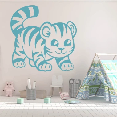 Tiger wall sticker for kids 2406 - Decor in a bright children\'s room with a tent and furniture in the background.