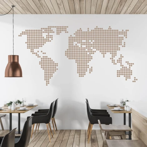 World map wall sticker 05 - Dining room decor with light walls, wooden accents, and modern furniture.