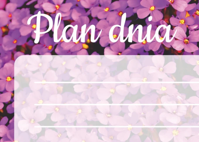 Daily planner dry-erase board with a floral design. Background features small purple flowers and white text.
