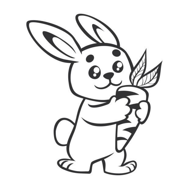 Children\'s painting template featuring a bunny holding a carrot, with large ears and a smiling face.