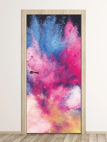 Abstract door sticker FP 6329 - Graphic design with colorful splashes in shades of pink, blue, and yellow.