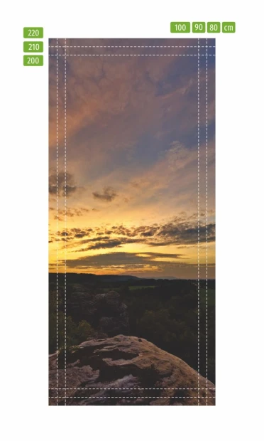 Mountain landscape door sticker FP 6336 - Graphic design featuring mountains, cloudy sky, and sunset.