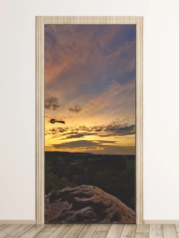 Mountain landscape door sticker FP 6336 - Graphic design featuring a sunset over a mountain scenery.