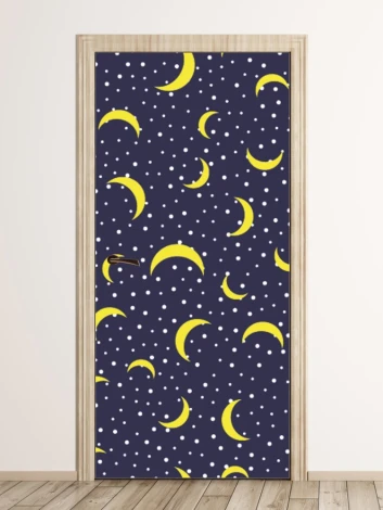 Moon-themed door sticker FP 6328 - Graphic design with yellow moons and white dots on a dark background.