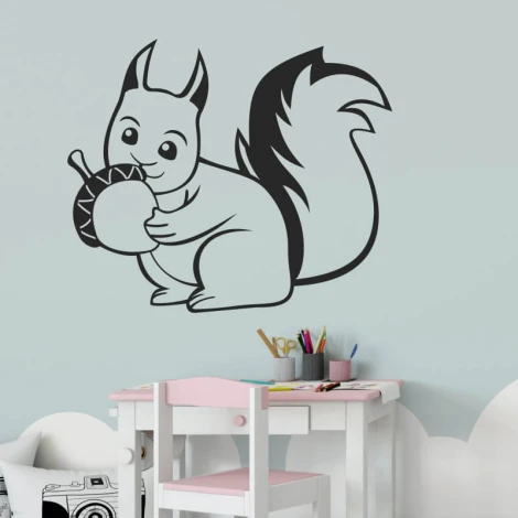 Wall sticker for kids featuring a squirrel holding a nut, with large ears and a fluffy tail.