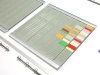 Weekly T-Card planner - Graphic design. Gray panels with rectangular windows and colored stripes.