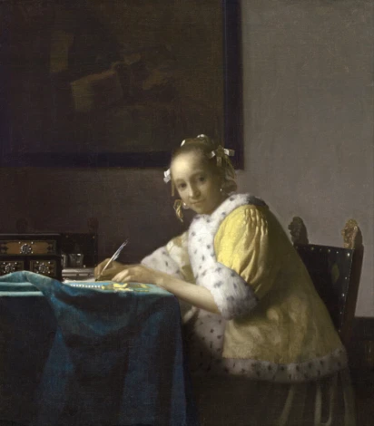 A Lady Writing by Johannes Vermeer - Room arrangement with neutral walls and wooden furniture.