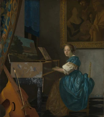 Reproduction of a young woman at a virginal by Johannes Vermeer. Soft-colored walls and furniture in the room.