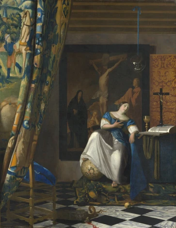 Reproduction of Allegory of the Catholic Faith by Johannes Vermeer - Styled in a room with dark walls, classic decor.