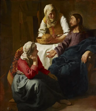 Reproduction of Christ in the House of Martha and Mary by Johannes Vermeer - Graphic design featuring two figures in attire.