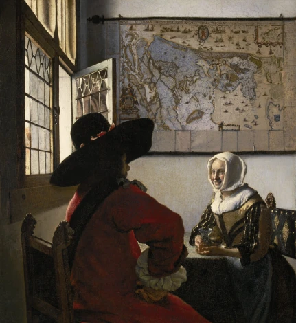 Reproduction of De Soldaat en het Lachende Meisje by Johannes Vermeer - Interior arrangement with window and light-colored walls.