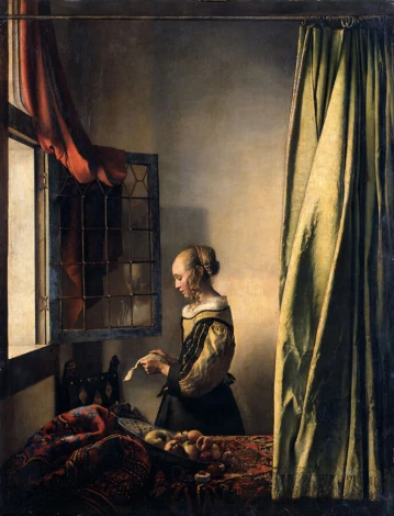 Reproduction of Girl Reading a Letter by an Open Window, Johannes Vermeer - Room arrangement with light-colored walls.