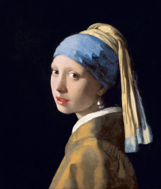 Reproduction of Girl with a Pearl Earring by Johannes Vermeer - Graphic design featuring a girl with a pearl on a dark blue background.