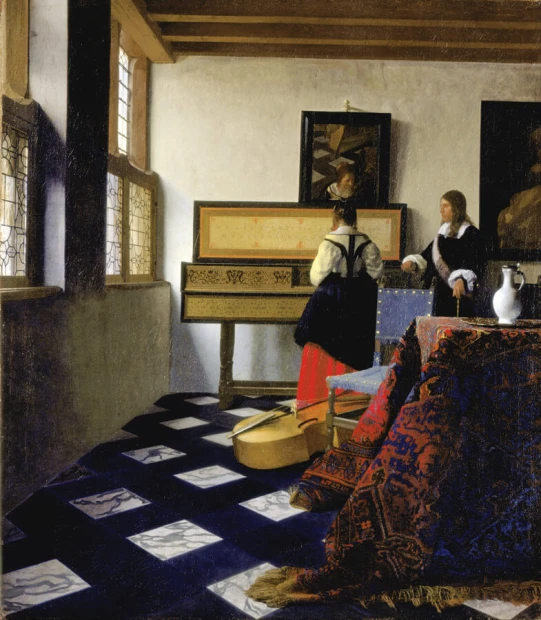 Reproduction of Lady at the Virginal with a Gentleman by Johannes Vermeer in a bright room with neutral walls.