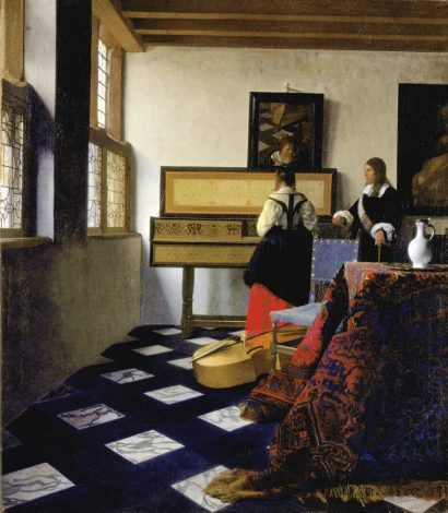 Reproduction of Lady at the Virginal with a Gentleman by Johannes Vermeer in a bright room with neutral walls.