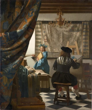 Reproduction of The Art of Painting by Johannes Vermeer - Artist\'s studio arrangement with light-colored walls and floor.