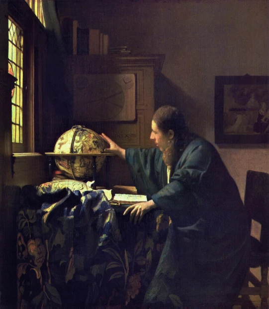 Reproduction of The Astronomer by Johannes Vermeer - Graphic design. Man by a globe, light from the window, dark background.