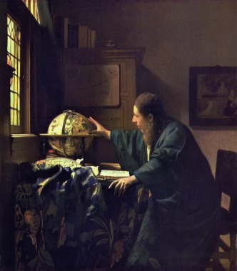 Reproduction of The Astronomer by Johannes Vermeer - Graphic design. Man by a globe, light from the window, dark background.