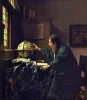 Reproduction of The Astronomer by Johannes Vermeer - Graphic design. Man by a globe, light from the window, dark background.
