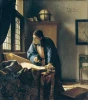 Reproduction of The Geographer by Johannes Vermeer - Styled in a room with a desk and window. Light-colored walls.