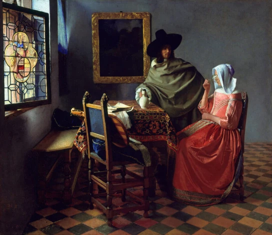 Reproduction of The Glass of Wine by Johannes Vermeer - Kitchen arrangement with blue walls and wooden furniture.