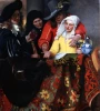 Reproduction of The Procuress by Johannes Vermeer - Graphic design featuring period costumes, colorful fabrics, and vessels.