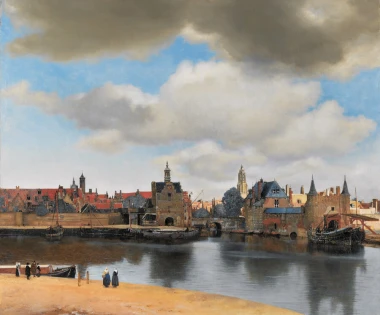 Reproduction of View of Delft by Johannes Vermeer. The artwork depicts a city with a river, buildings, and clouds.