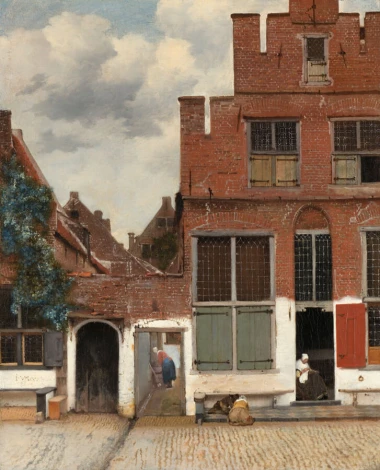Reproduction of View of Houses in Delft, The Little Street by Johannes Vermeer - City arrangement. Brick buildings.