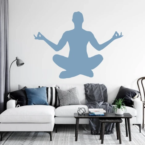 Yoga wall template 2413 - Living room setup with light-colored walls and gray and blue furniture.