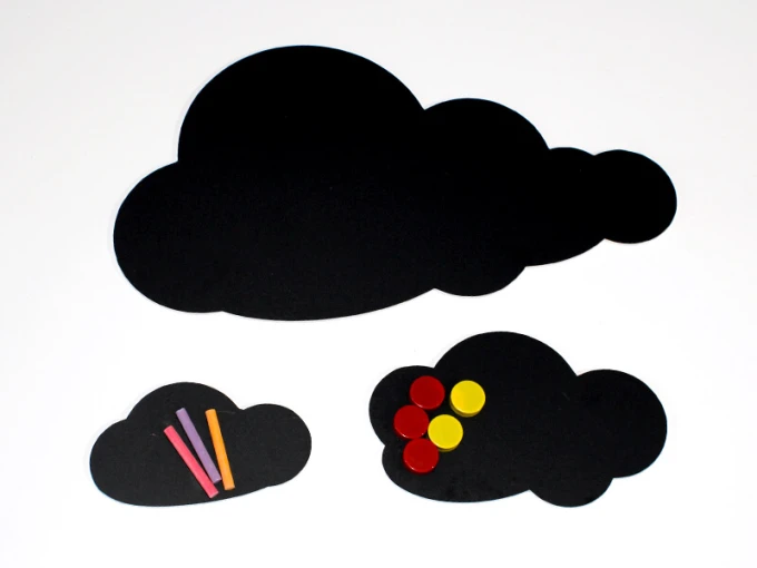 Magnetic chalkboard for kids with cloud design. Three clouds in different shapes, one with colors.